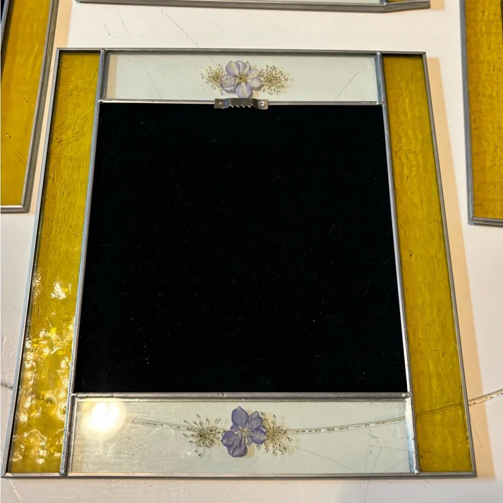 Elegant vintage Yellow and pressed flower Wall Mirror Set. Rare find!